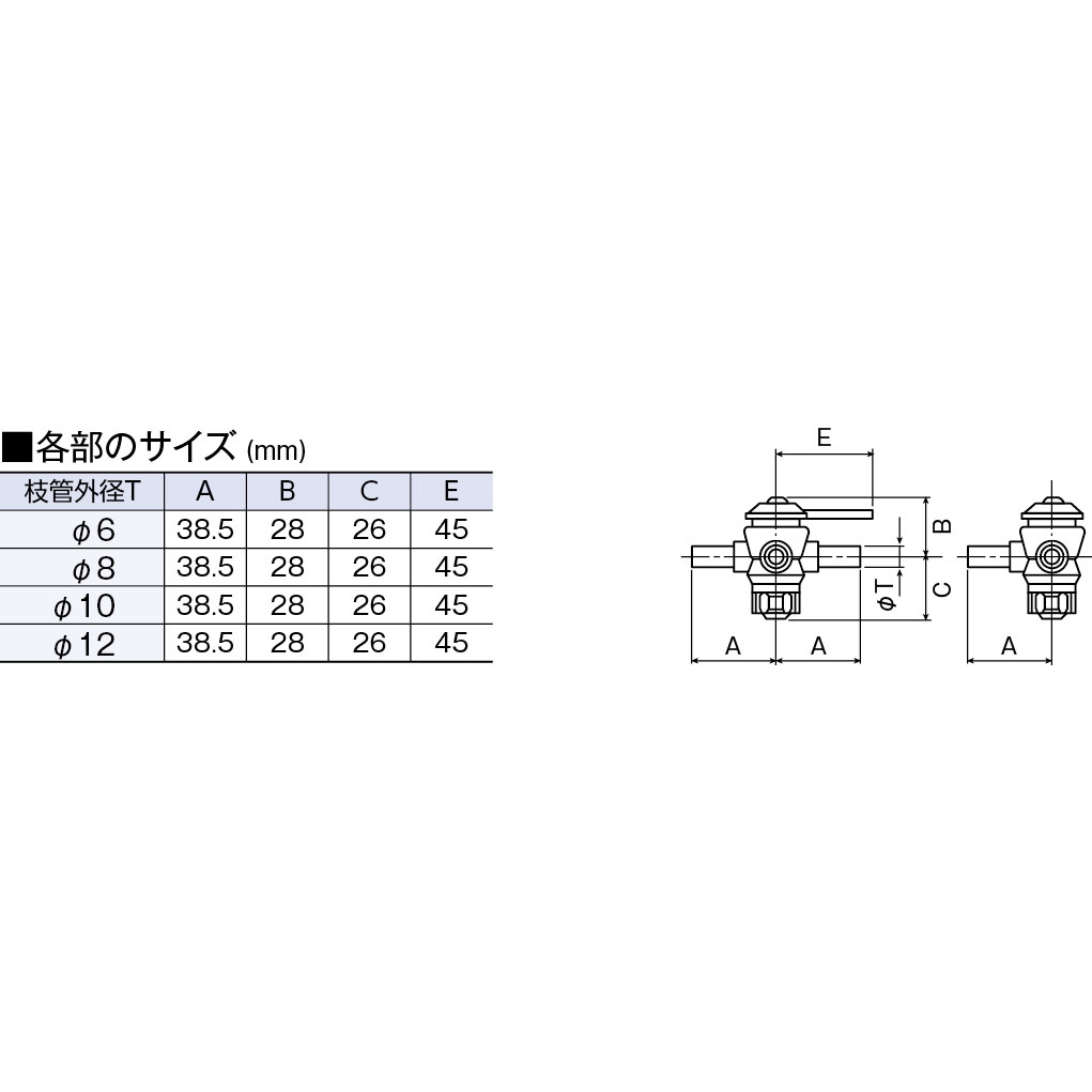 □フロンケミカル フッ素樹脂(PTFE)三方バルブ装置用 12φ R3/8