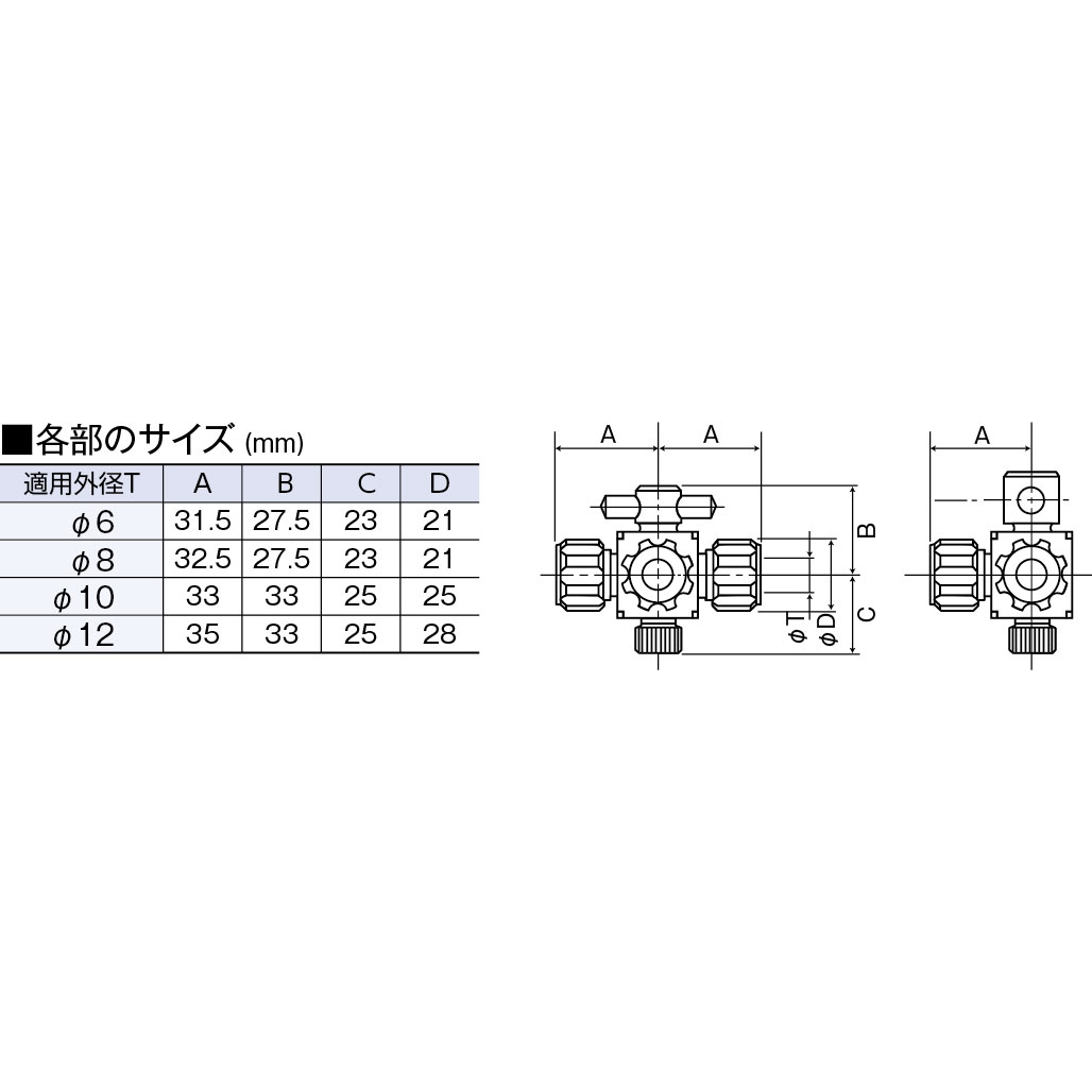 フロンケミカル フッ素樹脂 三方バルブ接続型アダプター 8φ用×TS19/28 1個 NR0096-004